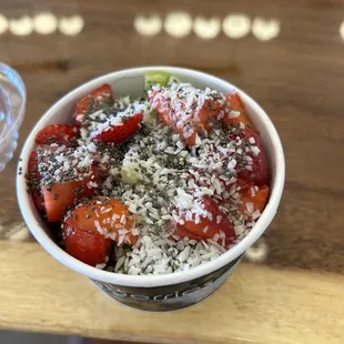 Matcha base acai with strawberry, kiwi, chia seeds