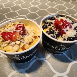 Feeling nutty (left) and raining berries with mango and honey instead of banana and Nutella.