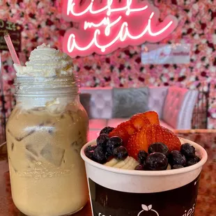 White mocha iced coffee with oat milk  It&apos;s raining berries acai bowl without coconut flakes