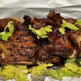 a plate of chicken and lettuce