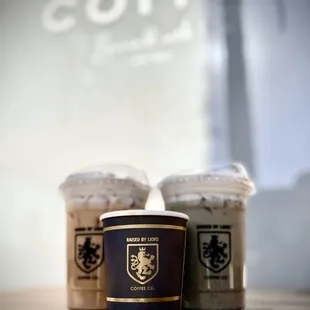 Iced Cinnamon Toast Latte, Cortado, and Iced Black Sesame Latte (left to right)