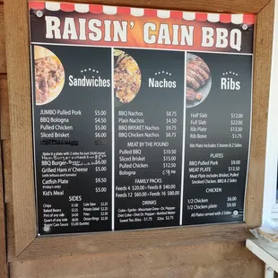 a menu for raisin can bbq
