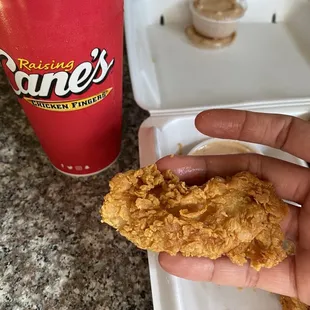 a hand holding a fried chicken