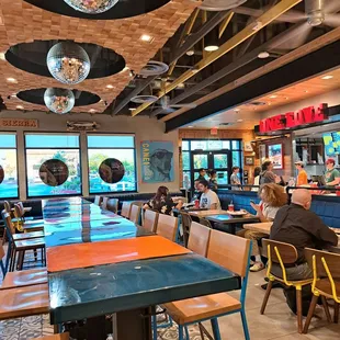 Inside restaurant are revolving shiny disco balls!