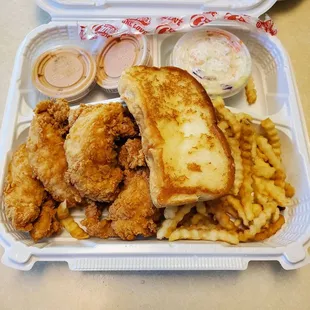 Candace combo (tenders, toast, fries, coleslaw + Cane sauce)