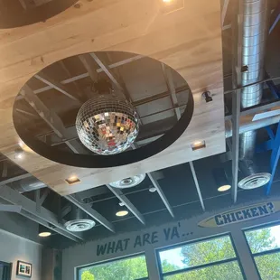 The disco ball  on the ceiling