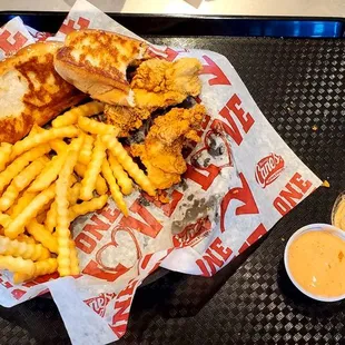 Partially eaten box combo. With 2 toasts (BOBS) and no coleslaw.