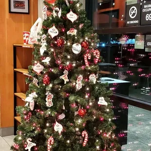 Beautiful Christmas tree decorated with Raising Cane&apos;s employee names on the ornaments.