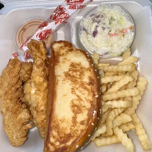 The box combo...4 tenders, fries, Cole slaw, toast, drink...