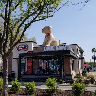 a large dog statue on top of a building