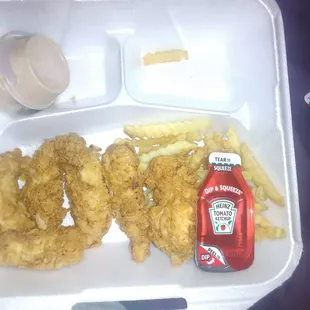 Chicken &quot;strips&quot; smaller than the ketchup containers.