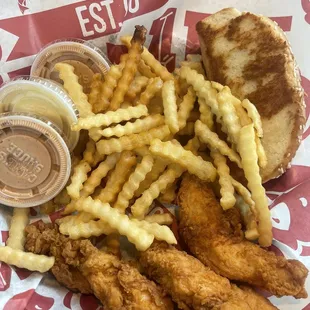 3 finger extra crispy fries and chicken. Toast buttered on both sides, extra sauce and a honey mustard