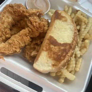 Chicken tenders, crinkle fries, Texas toast, and Cane's sauce!