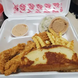 Chicken tenders, toast, and fries.