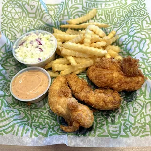 Three Finger Meal with Slaw instead of Toast (Drink Included but not Shown)