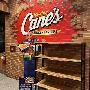 a brick wall and shelves
