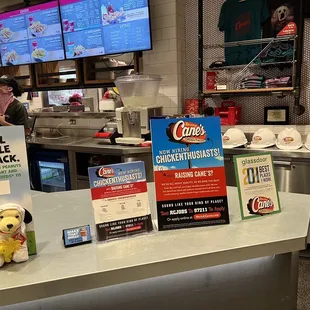 a dog sitting at a counter