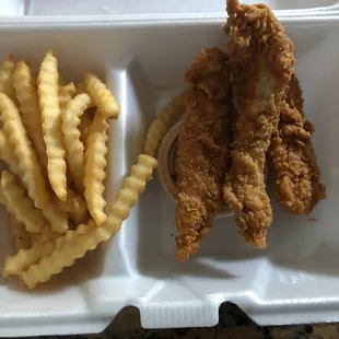 24 fries and 2 chicken fingers.