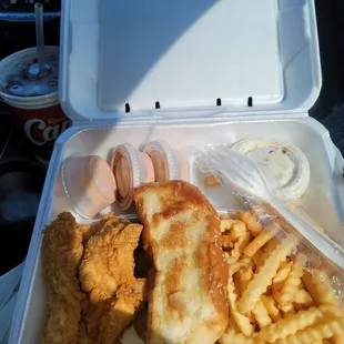 Finger, fries, sauce toast and cloeslaw