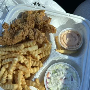 4 piece with fries, Cole slaw, dipping sauce with toast.