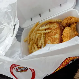 3 chicken combo with French fries, Texas toast, Cane's sauce ( underneath toast) with Sweet tea ( not pictured)