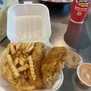 Rasing canes chicken fingers, fries, and sauce
