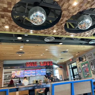 a disco ball suspended from the ceiling