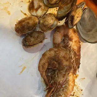 Example of shrimp, mussels, clams