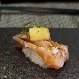 Salmon belly with buttered apple