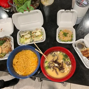 a variety of food items on a table