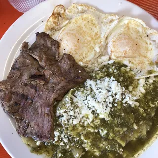 Chilaquiles with Arrachera Breakfast Plate