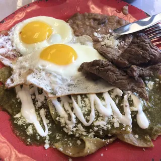 Chilaquiles with Egg and Beef Breakfast Plate