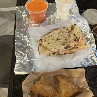 Chicken Tikka Masala, Garlic Naan, Vegetable Samosa