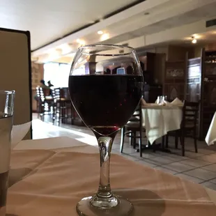 a glass of wine on a table