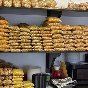 a variety of baked goods on shelves