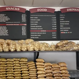 Snack food and drinks menu