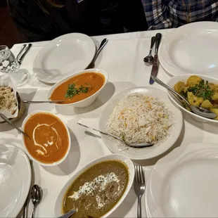 Butter Chicken, Tikka Masala, Basmati Rice, Garlic Naan, Kaali Makhani Daal