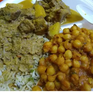 Chana masala, lamb curry, and pilaf