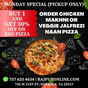 Order Chicken Makhni or Vegetable Jalfrezi Naan Pizza