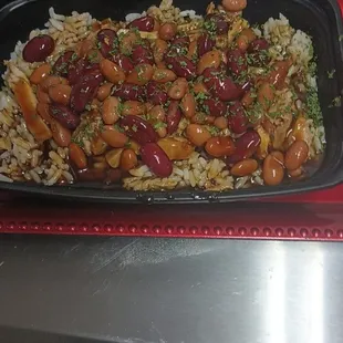 a tray of beans and rice