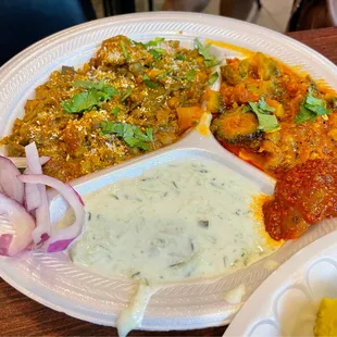 Combo plate with karela and undhiyu, raita