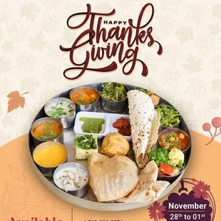 HAPPY THANKSGIVING !!
Indulge in the sheer joy of ALL-YOU-CAN-EAT Unlimited Thanksgiving Special Platinum Thali served on table.
