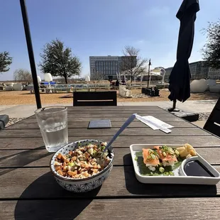 Pork rice bowl and salmon sushi