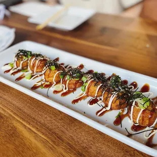 a long rectangular platter of food