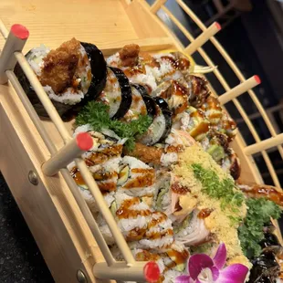 a large platter of sushi