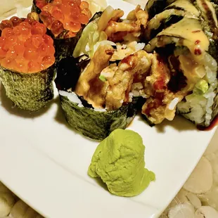 Salmon roe nigiri and spider roll (thankfully this was a small roll)