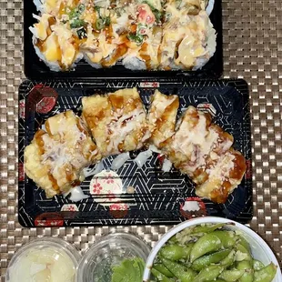 Garlic edamame, baked salmon roll, dynamite roll