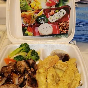 Chicken Teriyaki + mixed tempura Bento Box and a Philly Tempura Roll. Delicious!!