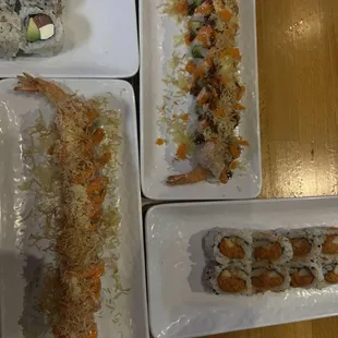 left top: philadelphia roll left bottom: favorite roll right top: hook em roll right bottom:  spicy tuna roll