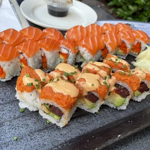 Yum  Deluxe Spicy Tuna 8 Pcs and Rainbow Roll with salmon only on top